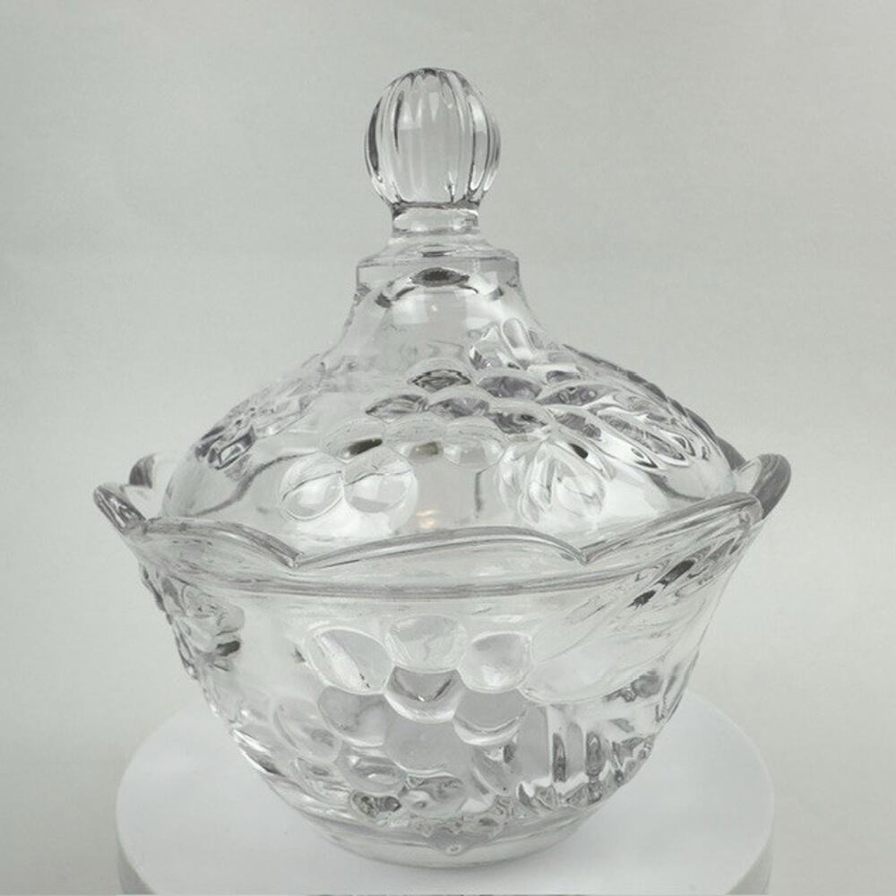 Vintage Clear Glass Candy Dish and Lid w/ Grape Vine /Cherries/Flowers Motif